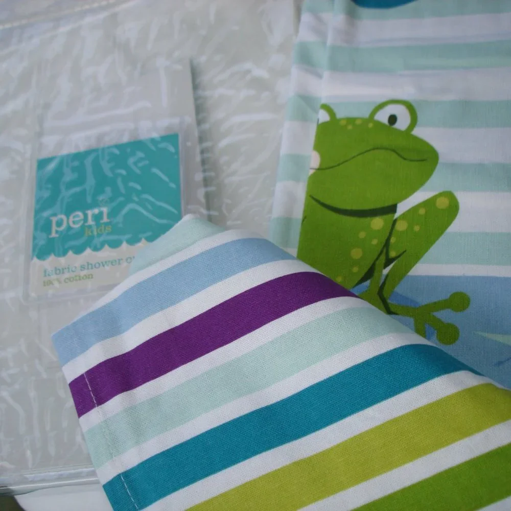 Cute Frog Shower Curtain 100% Cotton Fabric White Multi Color by Peri Kids